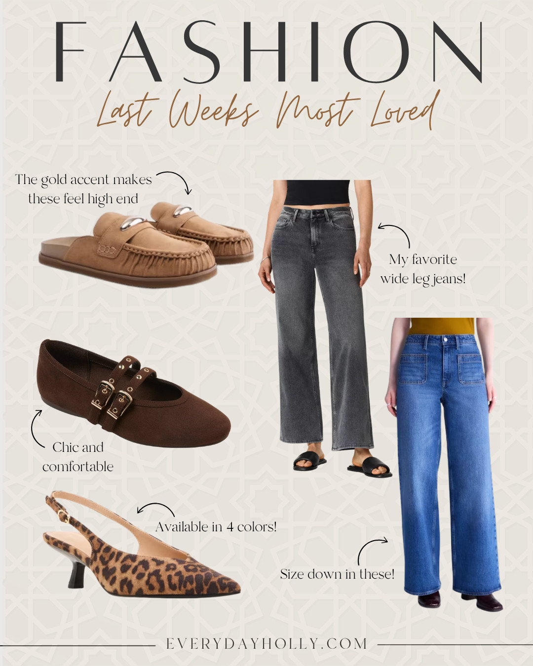 Last week’s most loved fashion finds 🤎 From versatile denim to the shoes that make every outfit feel a little more elevated, these pieces were your favorites. Perfect everyday staples to carry you through fall.

fall fashion finds, fall best sellers, wide leg jeans, fall shoes, brown flats, Mary Jane flats, leopard heels, everyday style, fall wardrobe staples, petite fashion, EverydayHolly 

 #LTKootd #LTKSeasonal #LTKPetite