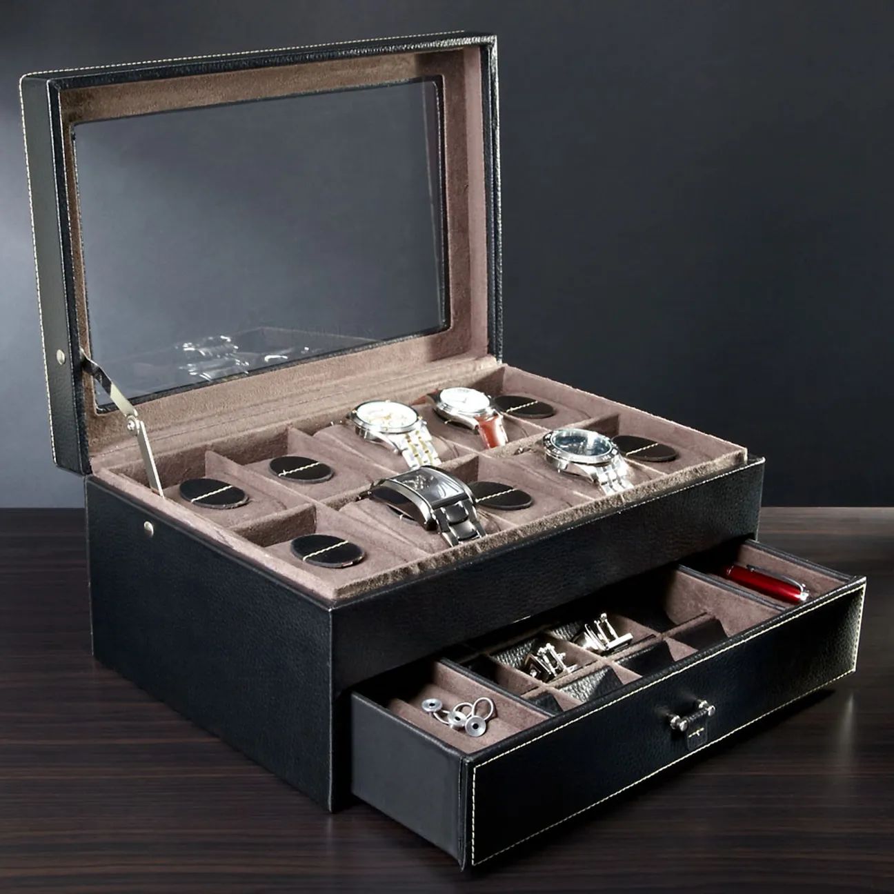 Treviso Leather Valet Box and Ten Watch Display Case (Engravable) | HomeWetBar.com