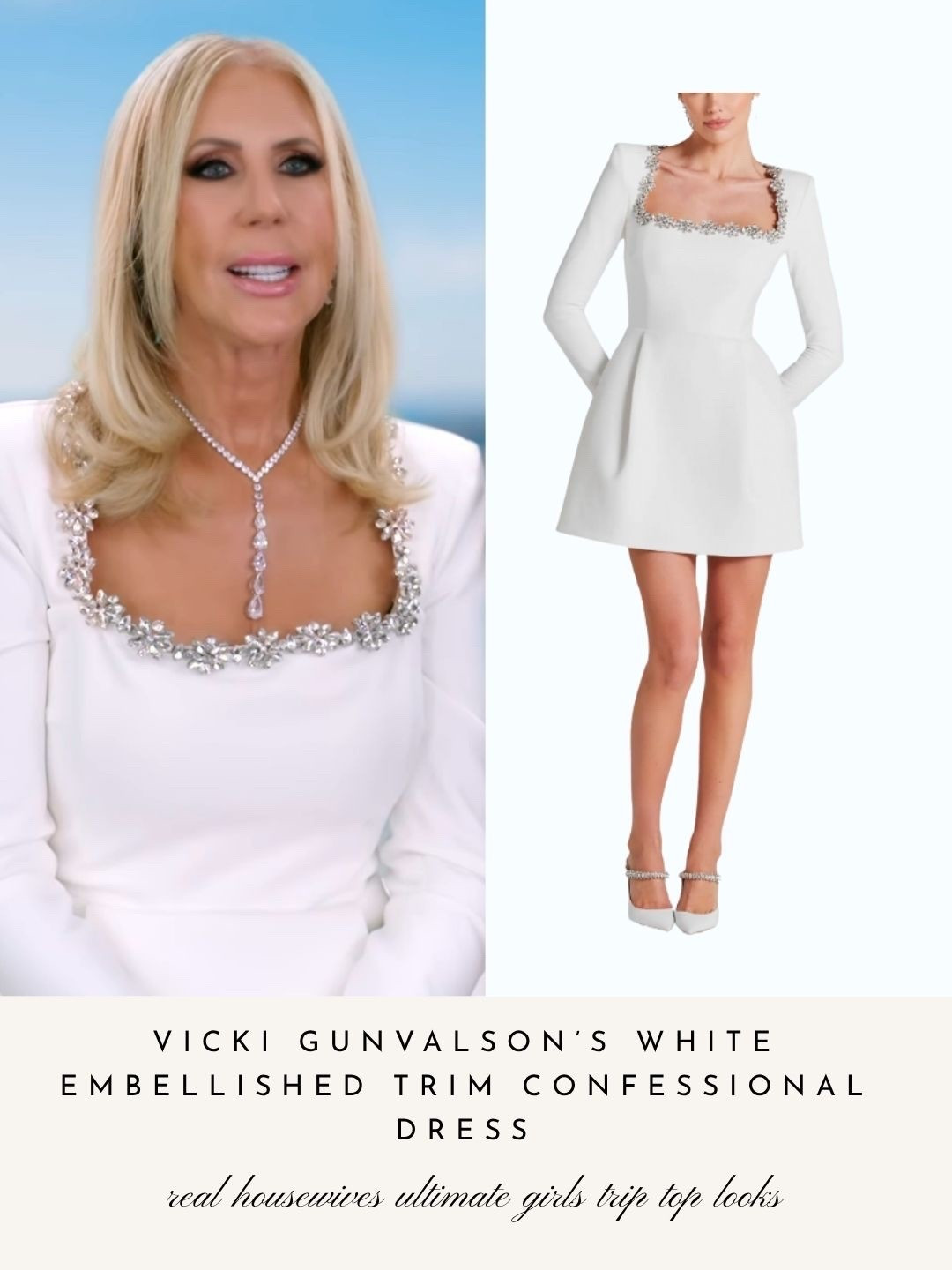 Vicki Gunvalson’s White Embellished Trim Confessional Dress