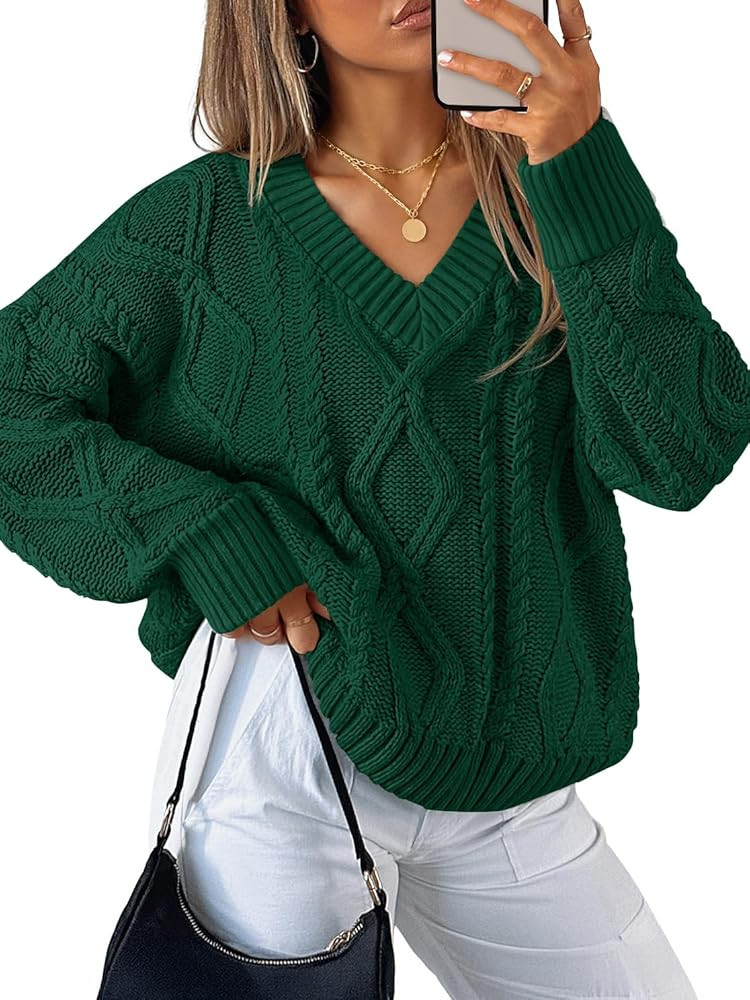 ZESICA Women's Fall Oversized Sweaters 2025 Casual Long Sleeve V Neck Cable Knit Trendy Pullover ... | Amazon (US)
