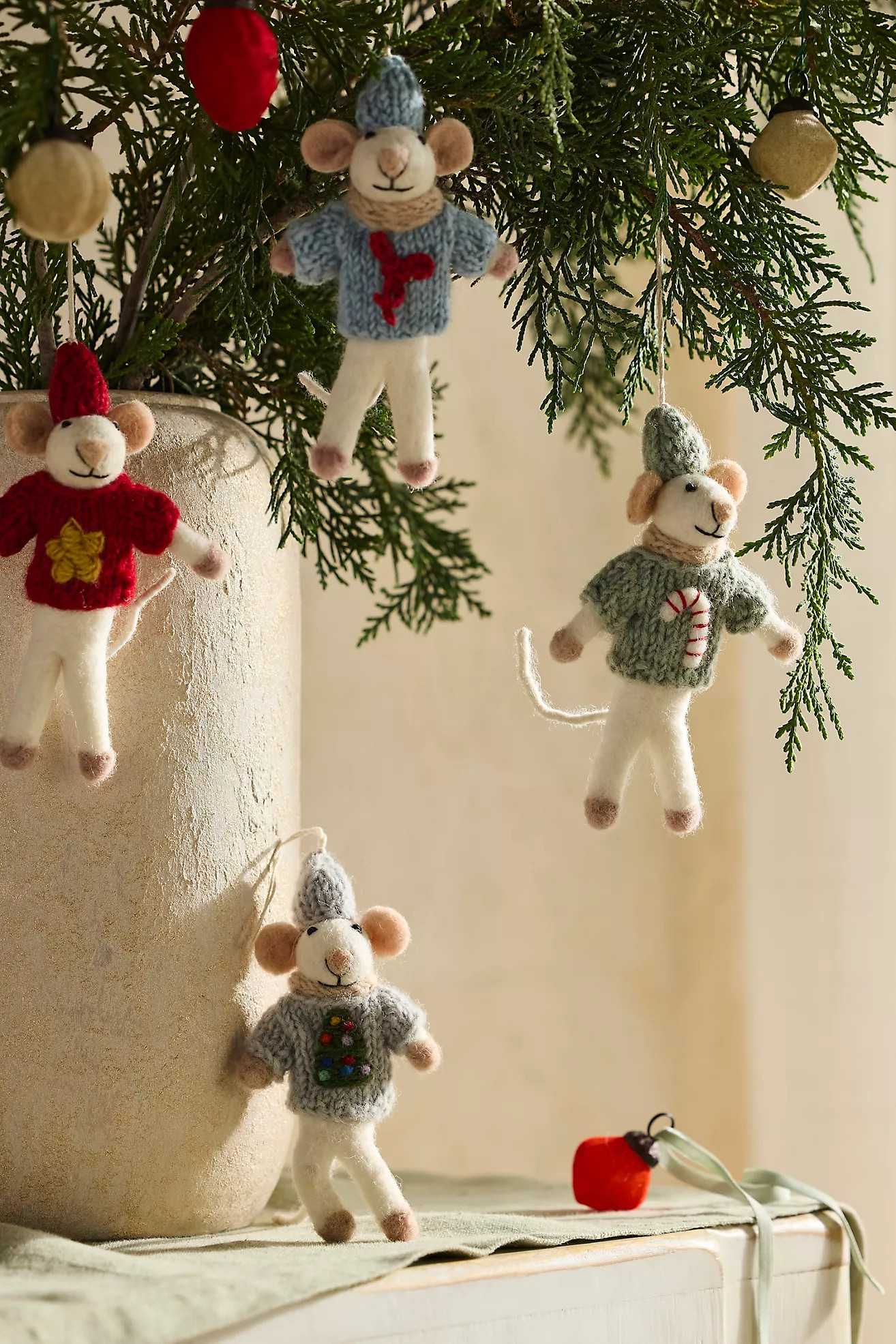 Holiday Icon Mice Felt Critter Ornaments, Set of 4 | Terrain