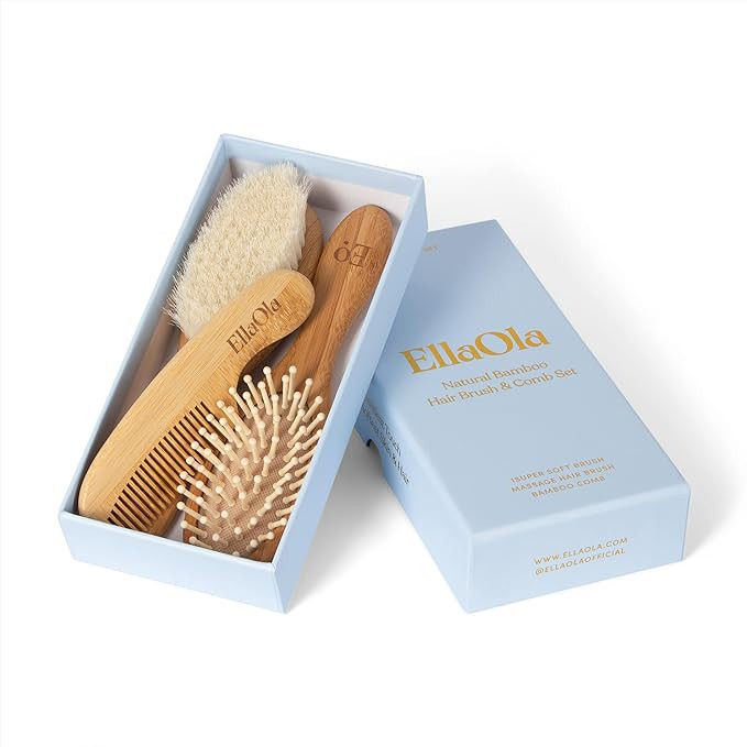 ELLAOLA Natural Bamboo Hair Brush & Comb Set, 3 Piece - Cradle Cap Brush, Massage Hair Brush, Bam... | Amazon (US)