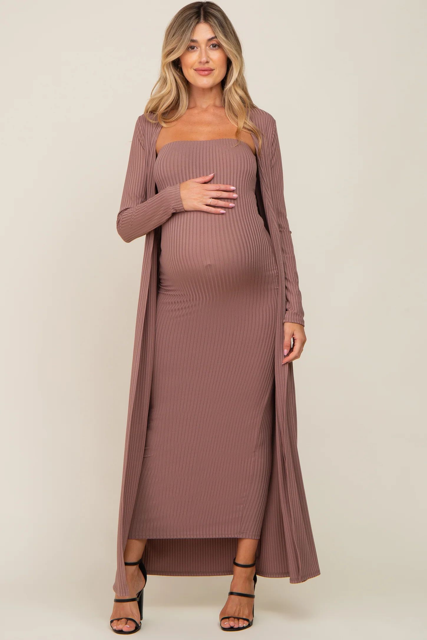 Mocha Ribbed Sleeveless Dress Cardigan Maternity Set | PinkBlush Maternity