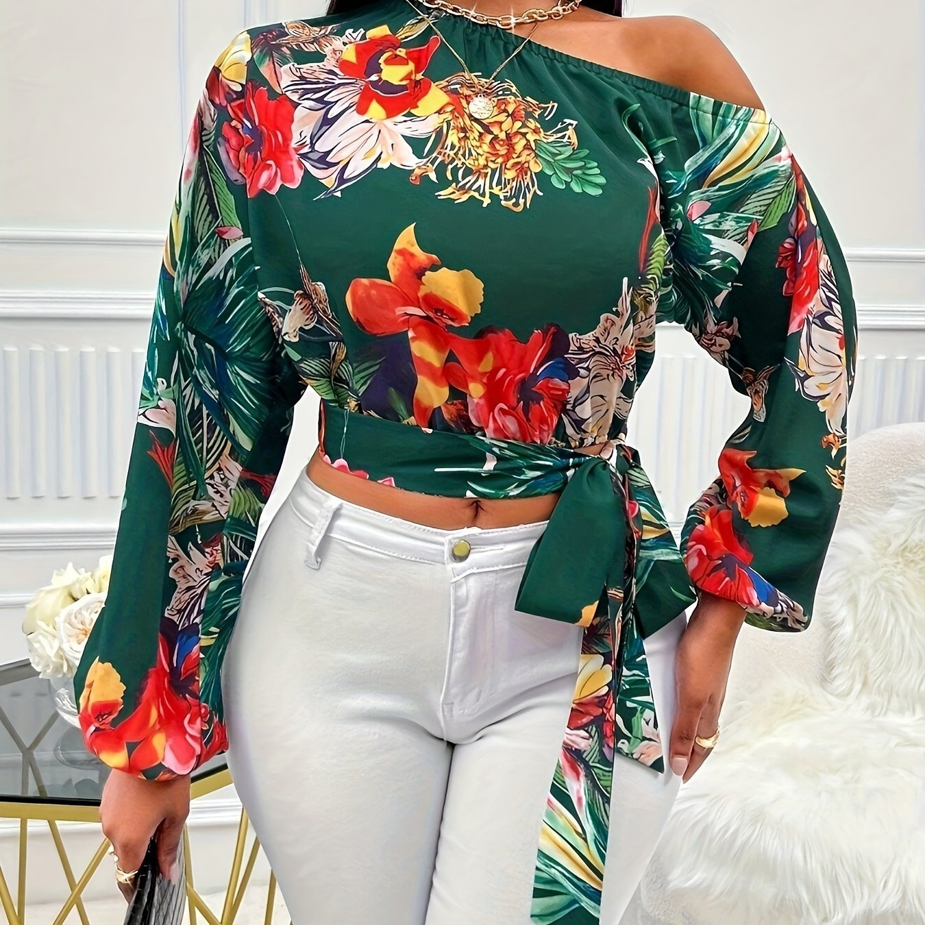 Floral Print Slant Shoulder Blouse Elegant Knot Hem Long - Temu | Temu Affiliate Program