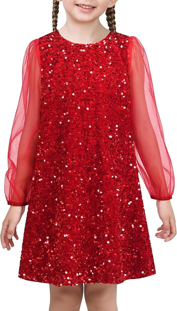 Sunny Fashion Girls Dress Black Sequin Sheer Mesh Long Sleeve Party Elegant Ball Gown | Amazon (US)