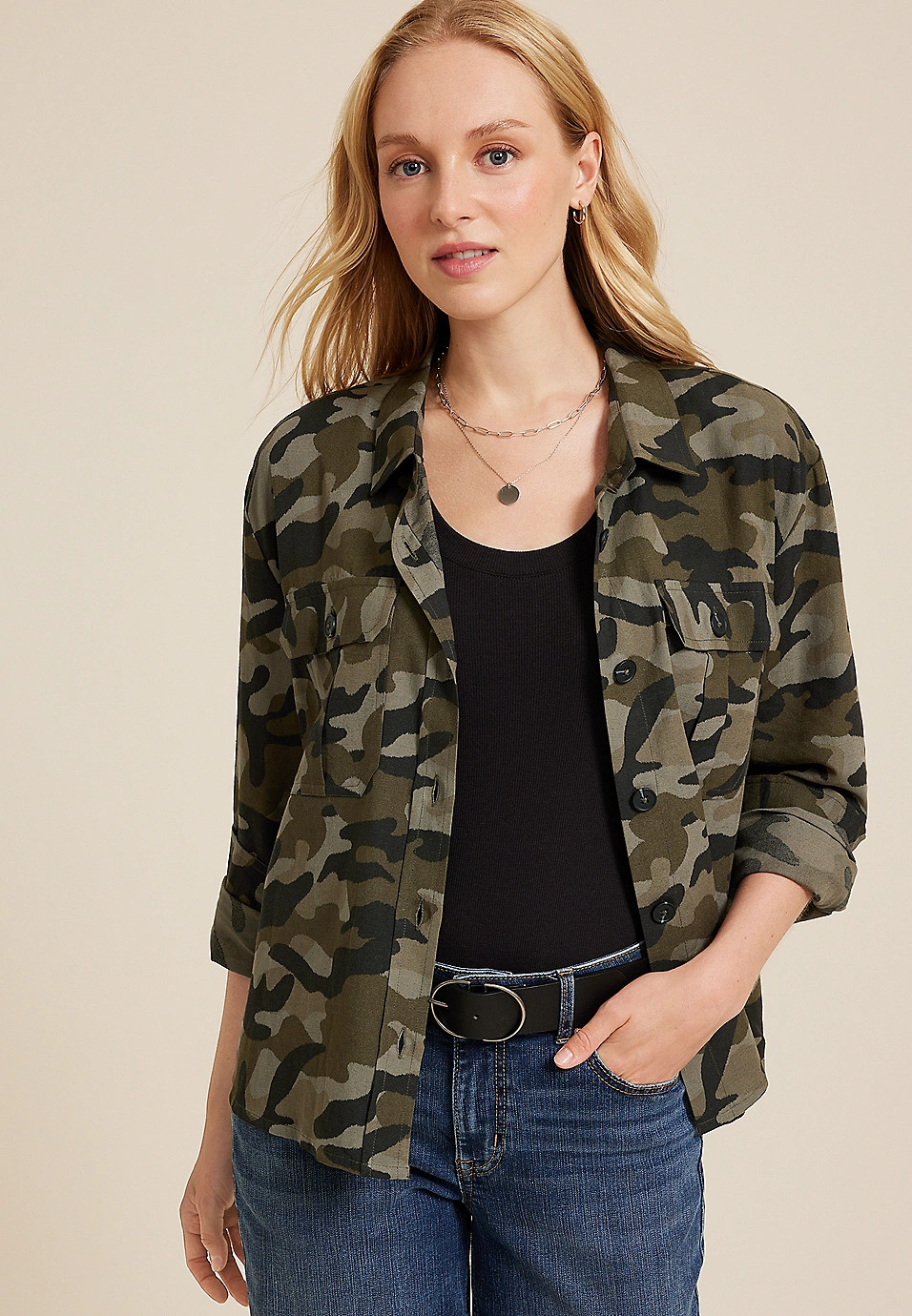 Shortie Utility Camo Button Up Shirt | Maurices
