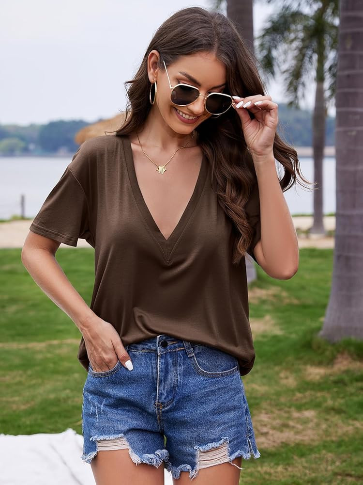 UNCLECAT Womens Deep V-Neck T Shirts Sexy Short Sleeve Tops Summer Oversized Tee | Amazon (US)