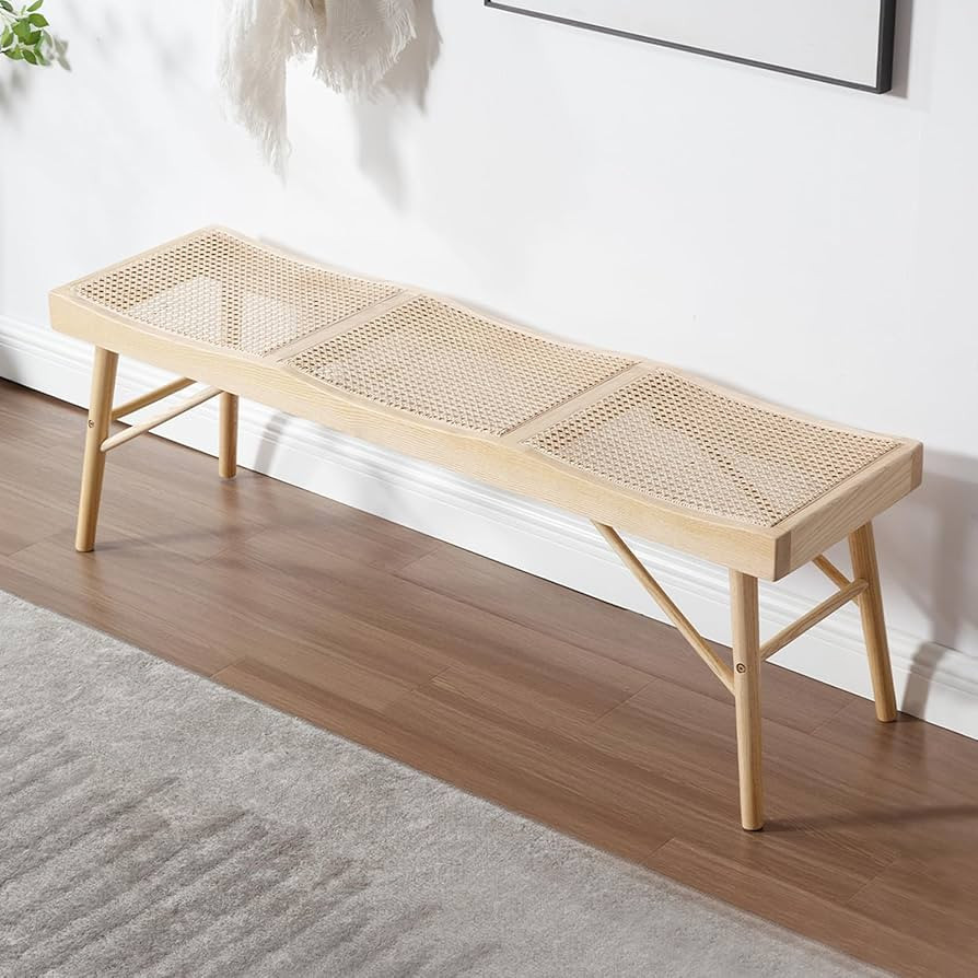 Guyou 55" Natural Rattan Entryway Bench, Modern End of Bed Bench for Bedroom, Wooden Dining Bench... | Amazon (US)