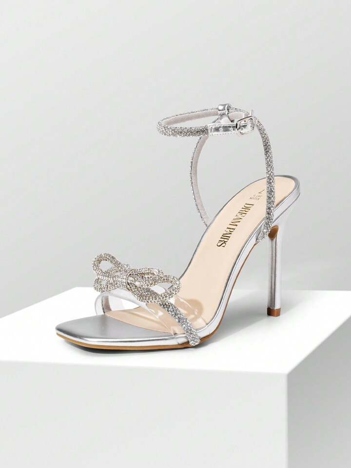 Women Double Bowknots Crystal Sandals Clear Slingback Heels Square Toe Shoes For Party Wedding | SHEIN