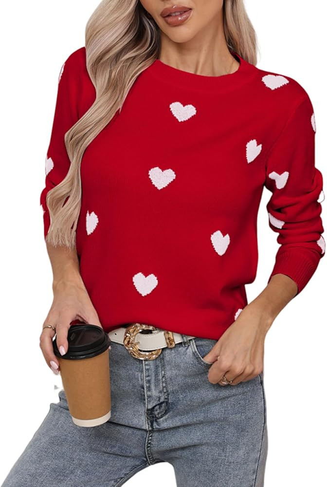 Women's Long Sleeve Crew Neck Pullover Sweaters Lightweight Soft Knit Heart Sweater | Amazon (US)