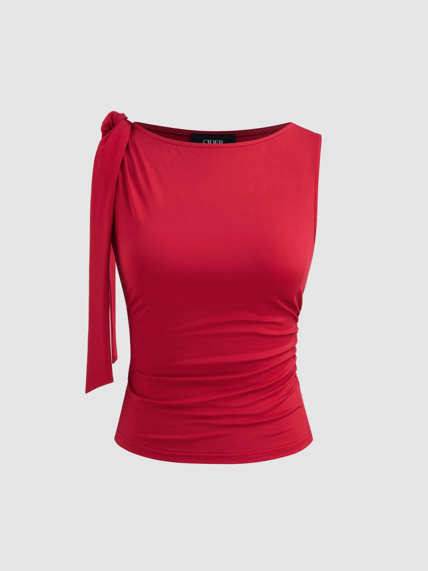 Boat Neckline Solid Knotted Ruched Tank Top | Cider