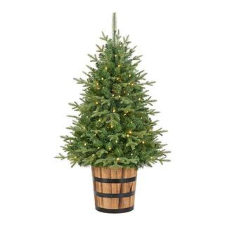 Home Accents Holiday 4 ft. Pre-Lit LED Fraser Fir Artificial Christmas Tree with Whiskey Barrel P... | The Home Depot