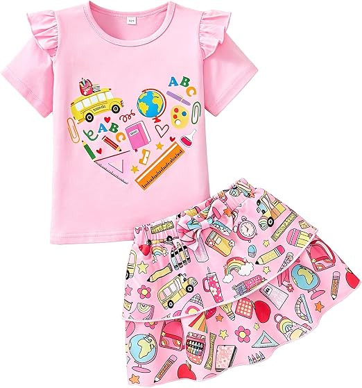 Akyzic Little Girl Skirt Outfit Two Piece Spring Summer Outfit Butterfly Dress Cat Print Skirt To... | Amazon (US)