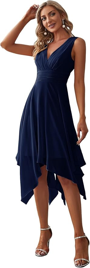 Ever-Pretty Women V Neck Ruched Irregular Hem A Line Chiffon Short Cocktail Dress 03142-US | Amazon (US)