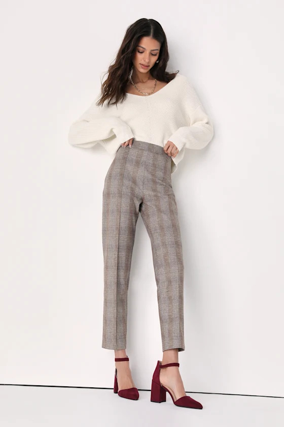 Plaid Attitude Taupe Plaid Slim Fit High Waisted Pants | Lulus (US)