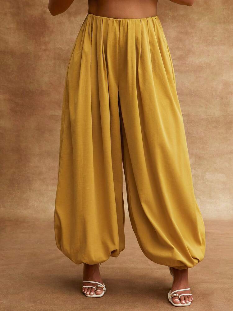 Vixey Twill Elastic Waistband Volume Bubble Hem Baggy Pants | SHEIN