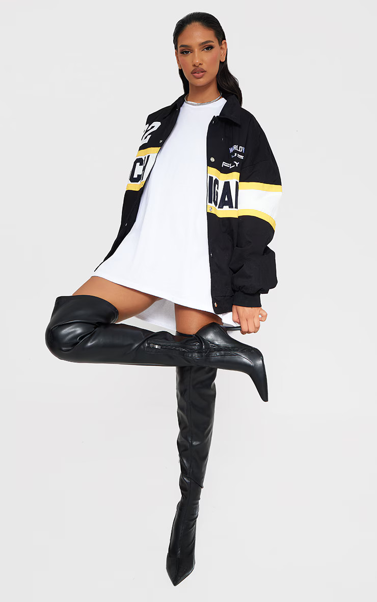 Black Faux Leather Point Toe Sock Heeled Over The Knee Boots | PrettyLittleThing US