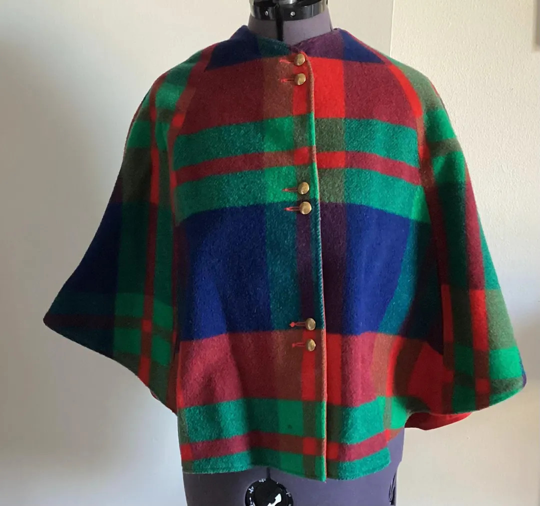 Vintage Plaid Short Cape Green Blue Green Brass Buttons S- M - Etsy | Etsy (US)