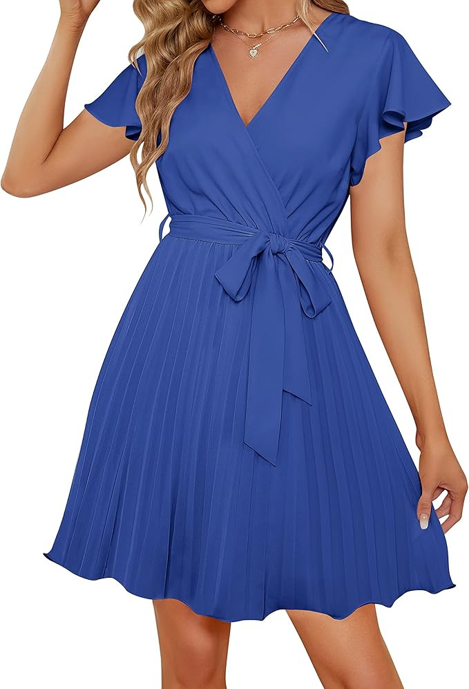 ZESICA Women's Wrap V Neck Mini Dress 2024 Summer Flutter Sleeve Tie Waist Pleated A Line Swing W... | Amazon (US)