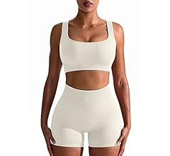 OQQ Workout Outfits for Women 2 Piece Seamless Ribbed High Waist Leggings with Sports Bra Exercis... | Amazon (US)