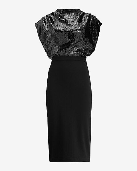 Sequin Draped Mock Neck Midi Sheath Dress | Express