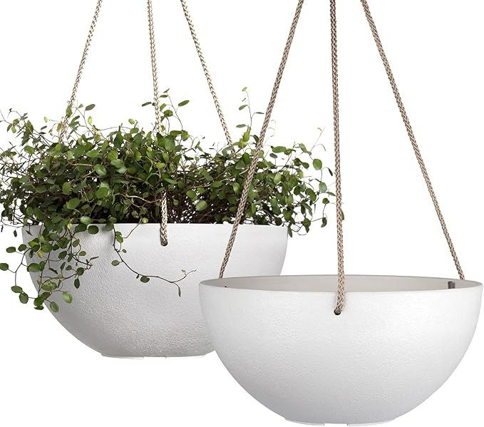 White Hanging Planter Basket - 10 Inch Indoor Outdoor Flower Pots, Plant Containers with Drainage... | Amazon (US)
