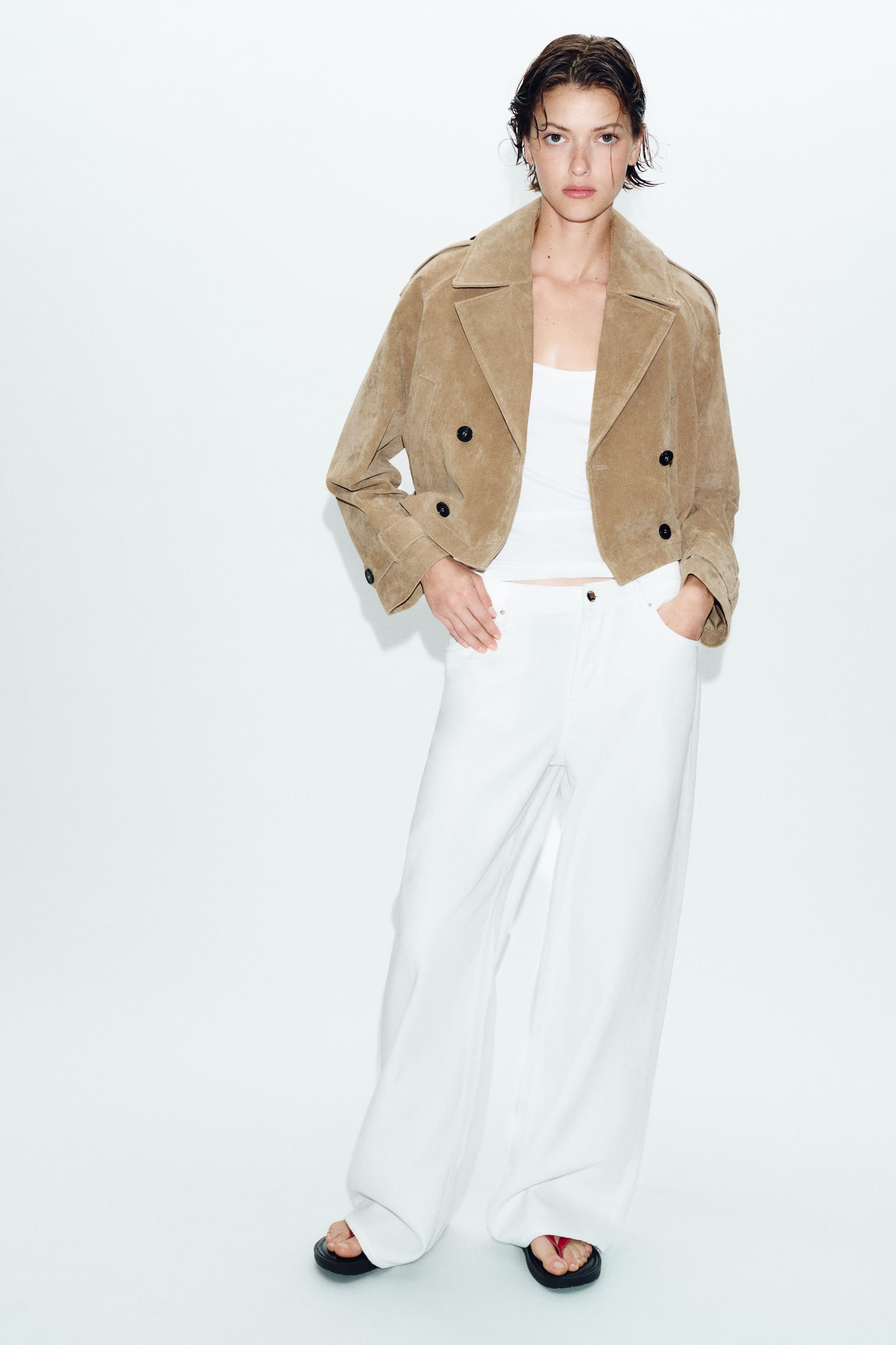 Zara - Cropped Double Breasted 100% Leather Trench - Dark Khaki - Xs - Woman | Zara US