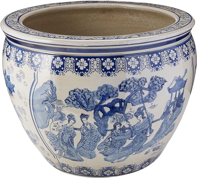 Oriental Furniture 16" Ladies Blue & White Porcelain Fishbowl | Amazon (US)