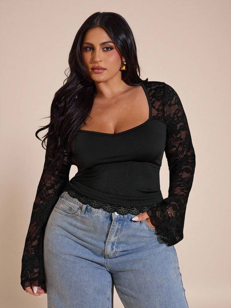 SHEIN BAE Plus Size Women Lace Patchwork Long Sleeve Fitted Fashionable Halloween Long Sleeve Top Christmas Concert For Women, Club Women Sexy | SHEIN