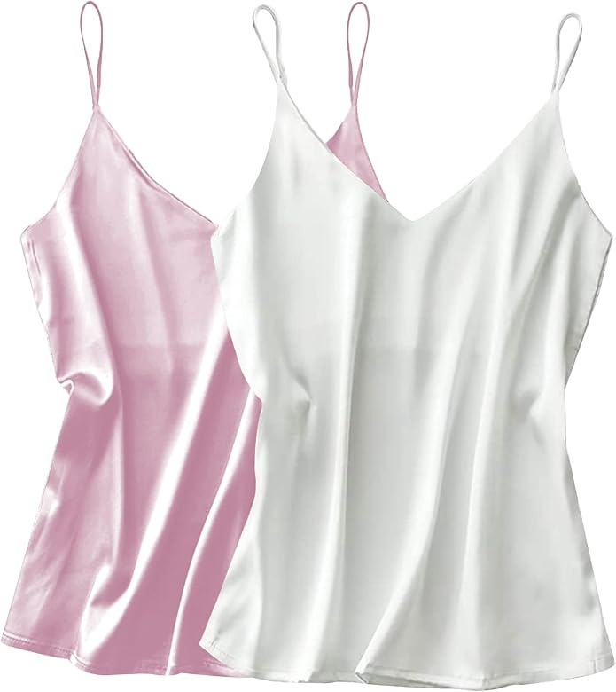 Ekouaer Womens Silk Satin Tank Top V Neck Camisole 2 Pack Spaghetti Strap Cami Loose Sleeveless B... | Amazon (US)