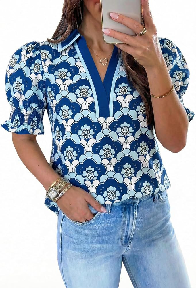 Tankaneo Womens Floral Puff Sleeve Blouses Summer V Neck Collared Tops Dressy Casual Loose Fit Bo... | Amazon (US)