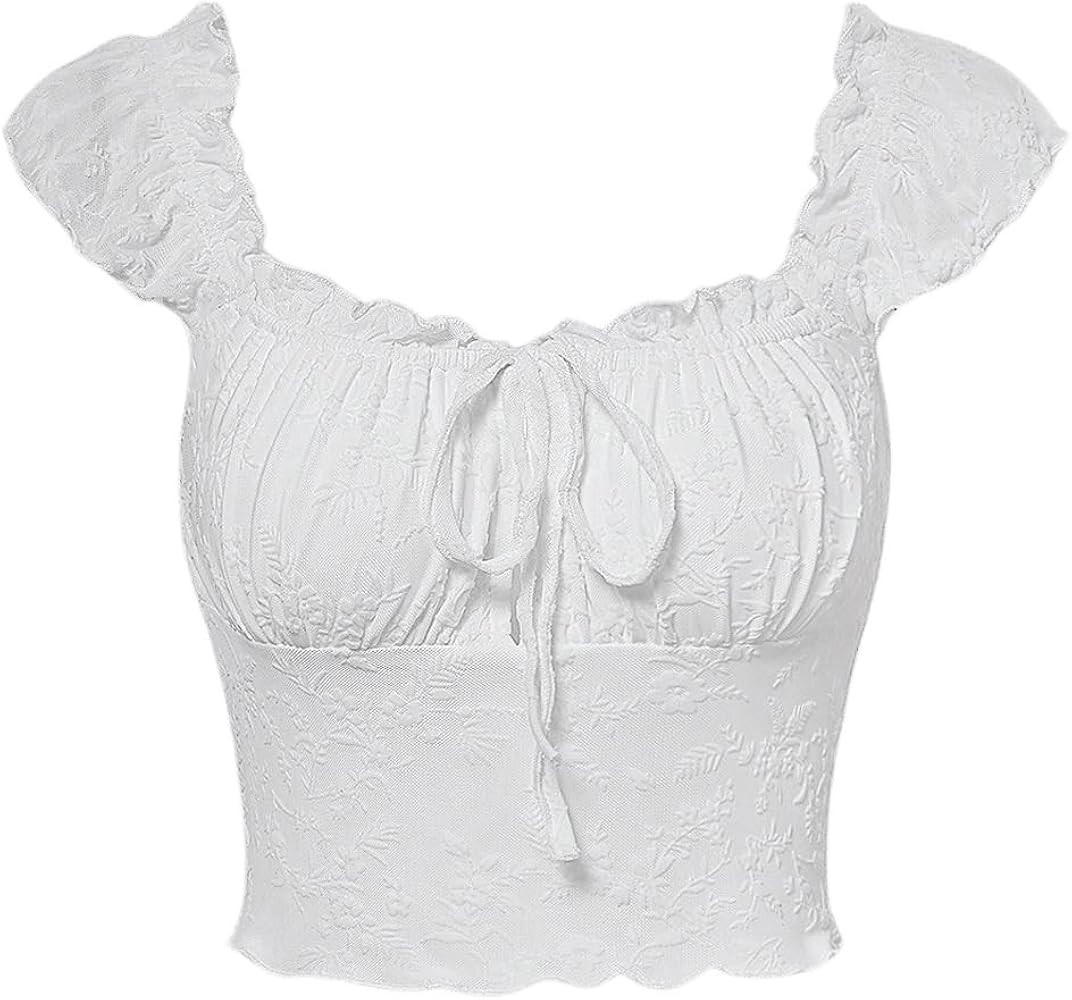 COZYEASE Women's Floral Ruched Bust Sweetheart Neck Tie Front Crop Tee Cap Sleeve Bodycon Summer ... | Amazon (US)