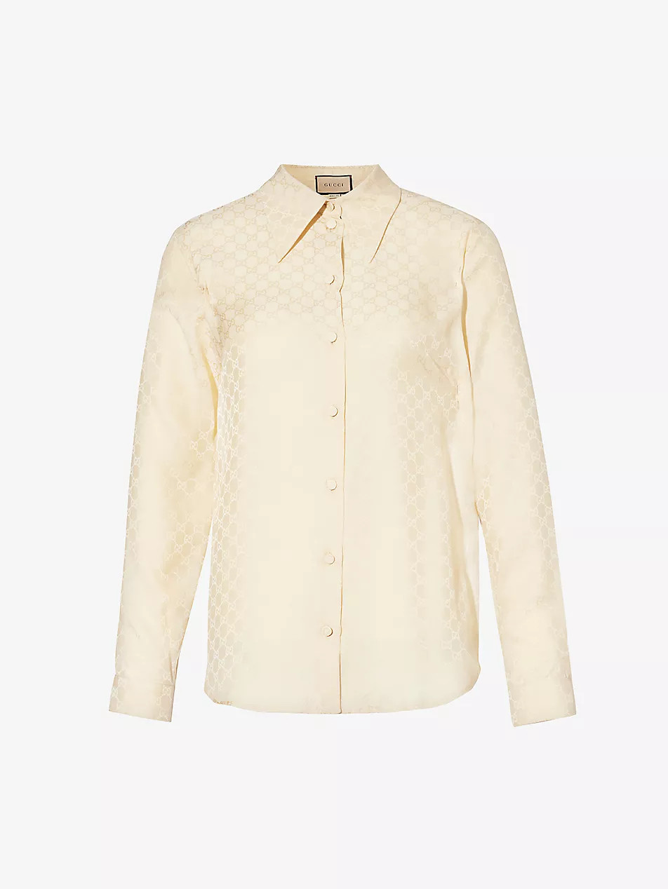 Monogram-pattern satin-texture regular-fit silk shirt | Selfridges
