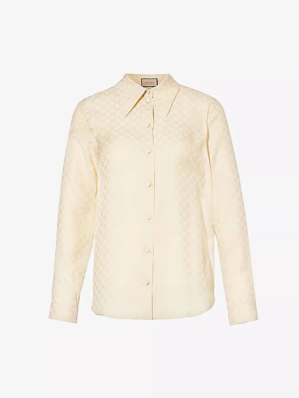 Monogram-pattern satin-texture regular-fit silk shirt | Selfridges