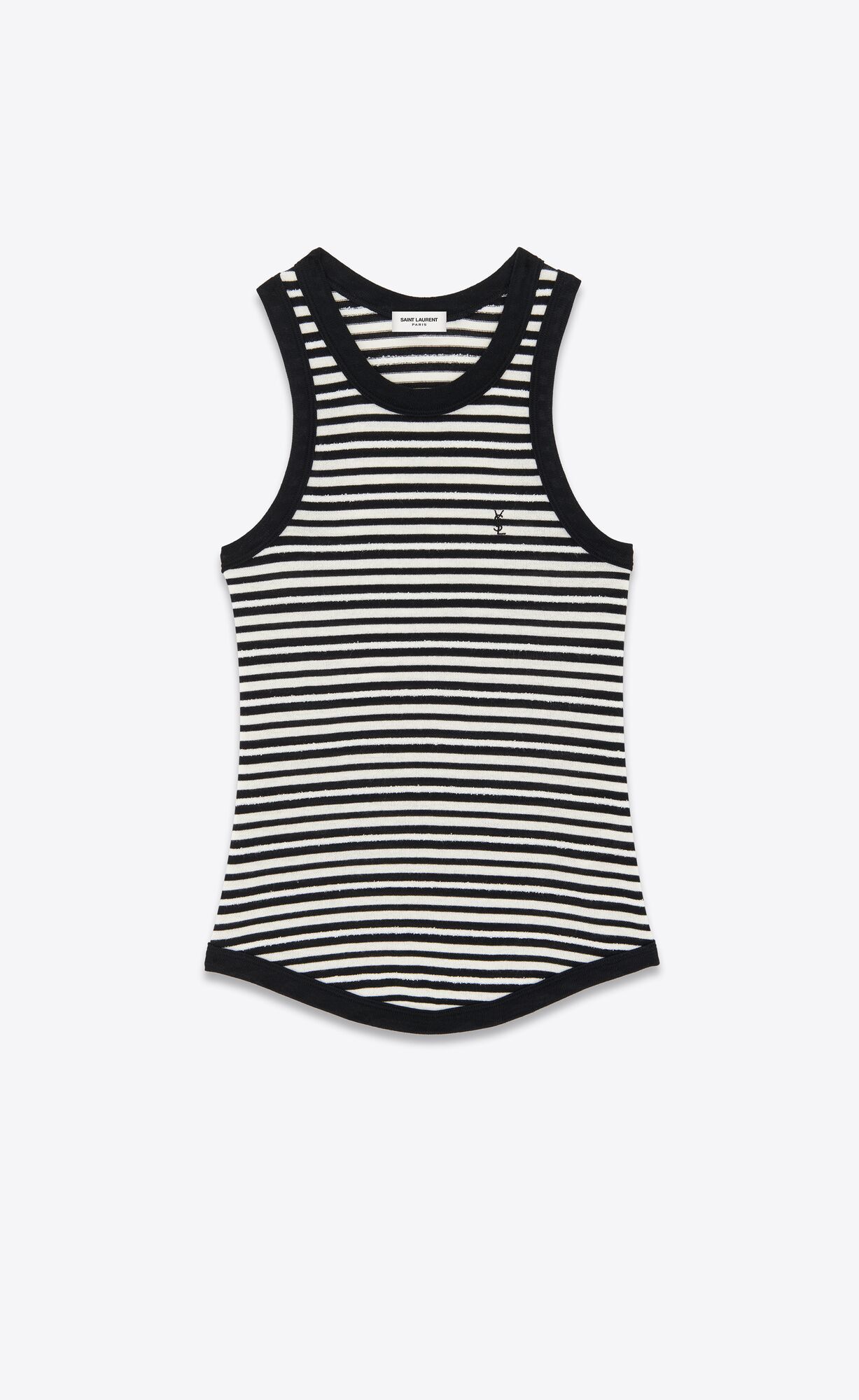 Striped tank top with contrasting ribbed piping and cassandre embroidery on the chest. | Saint Laurent Inc. (Global)