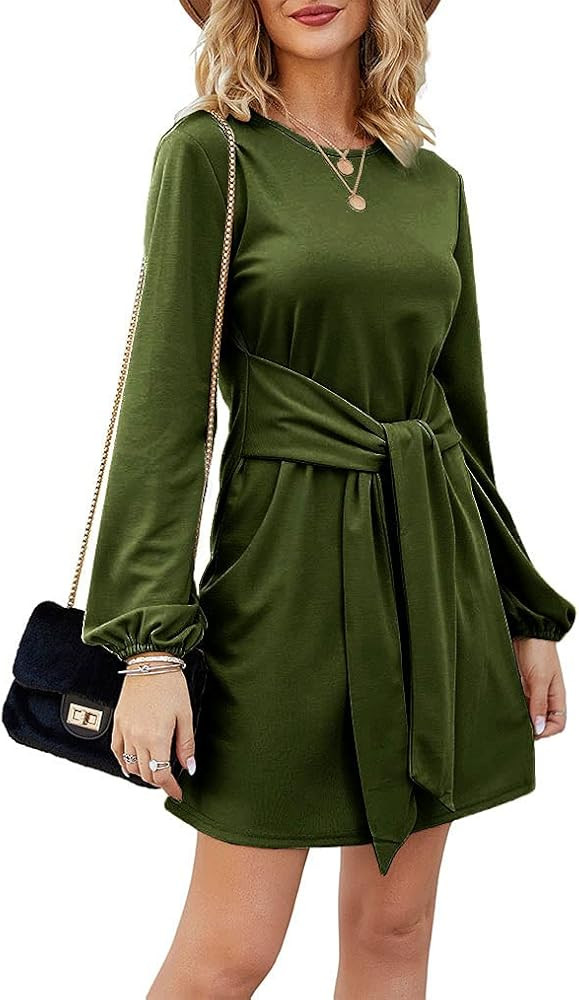 Tobrief Women’s Fall Lantern Long Sleeve Tunic Short Dress Knitted Tie Waist Sweater Dress | Amazon (US)
