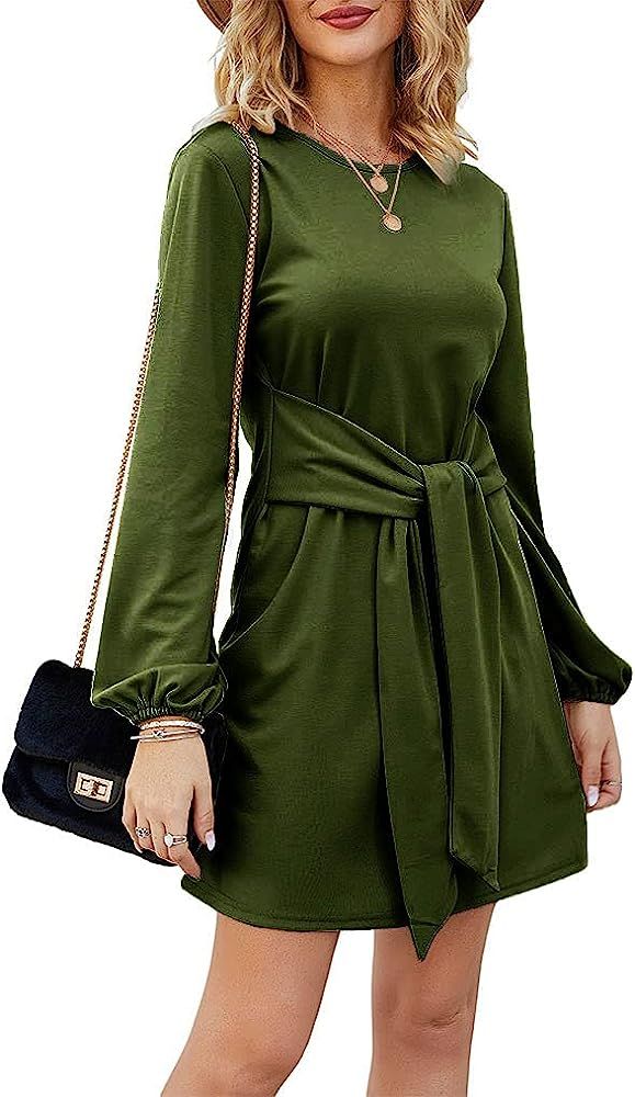 Tobrief Women’s Fall Lantern Long Sleeve Tunic Short Dress Knitted Tie Waist Sweater Dress | Amazon (US)