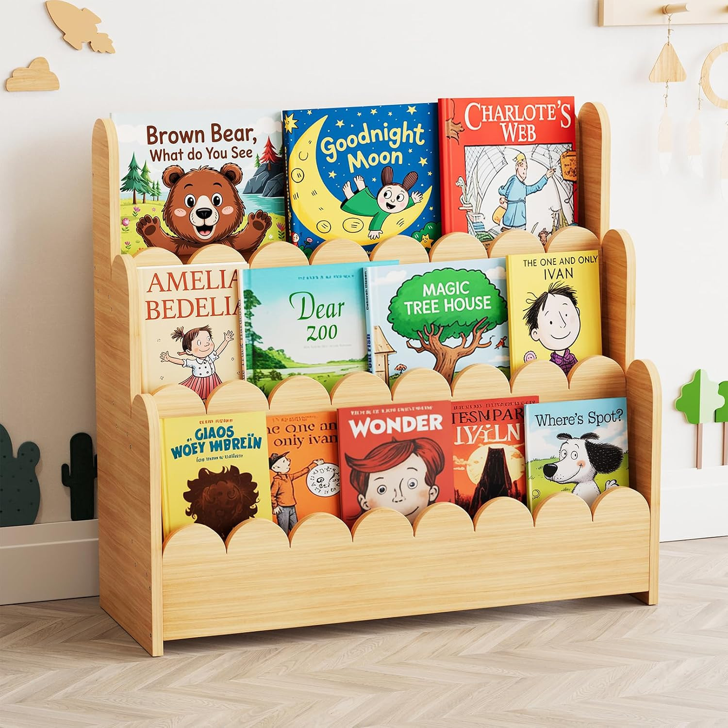 SpaceAid 3-Tier Scalloped Bookshelf, Montessori Bookcase for Toddlers, Wooden Book Shelf Organizer Display Furniture for Kids Rooms, Playroom, Nursery and Classroom, Natural | Amazon (US)