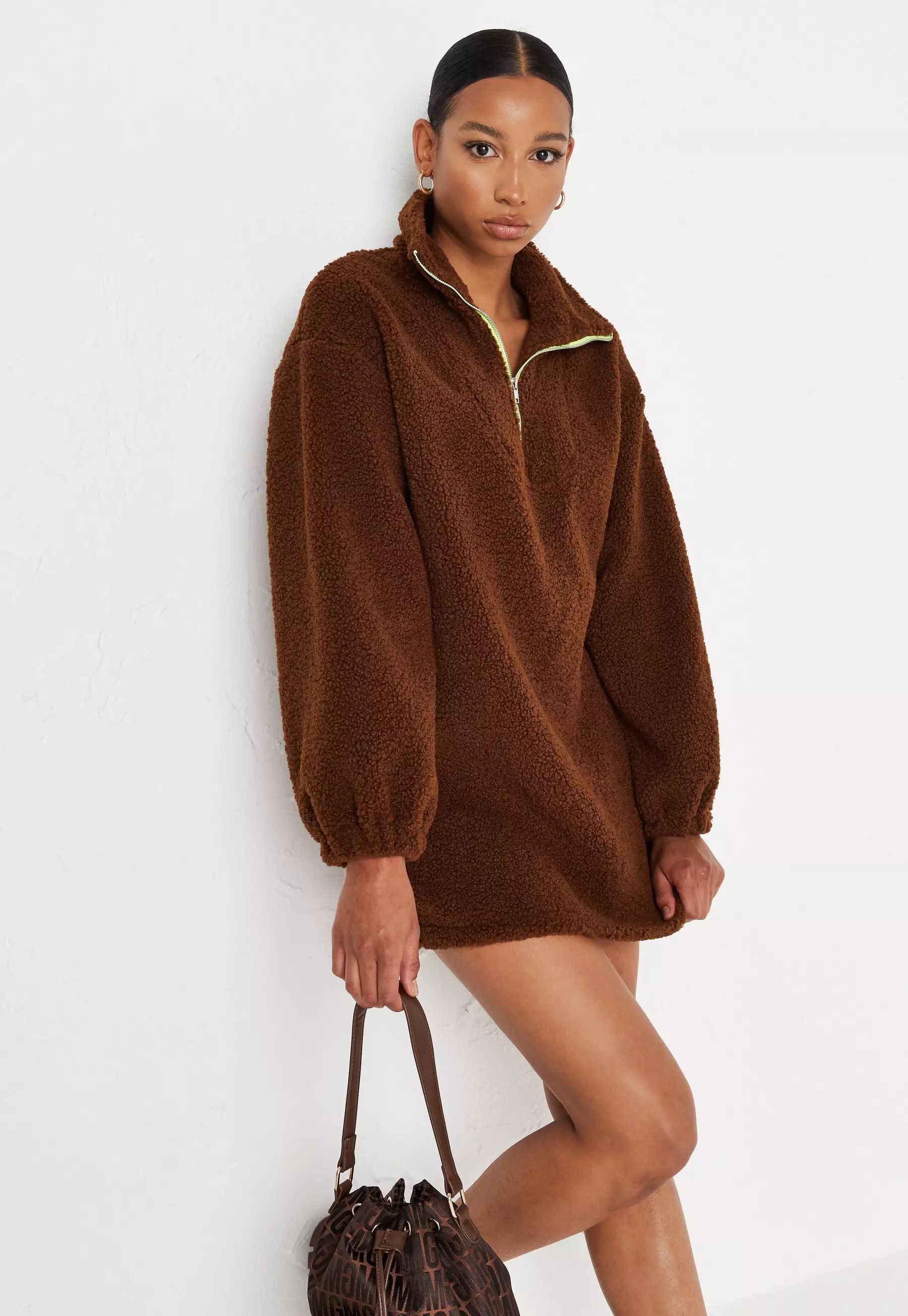 Missguided - Chocolate Borg Contrast Half Zip Sweater Dress | Missguided (US & CA)