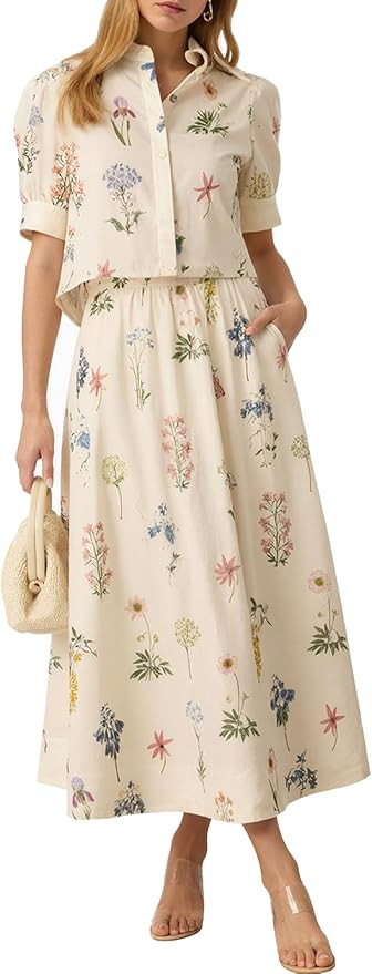 Amazon.com: Tankaneo Womens Floral 2 Piece Skirt Set Summer Puff Sleeve Crop Blouse and Maxi Dres... | Amazon (US)