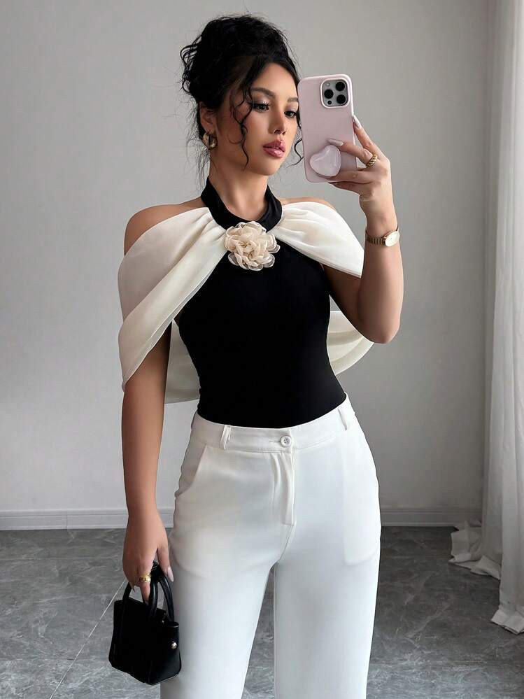 Elenzga Women's Color Block 3D Floral Decor Off Shoulder Bodysuit | SHEIN