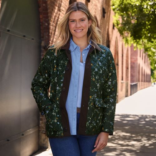 Women's Petite Print Reversible Barn Quilted Insulated Jacket - Lands' End - Green - S | Lands' End (US)