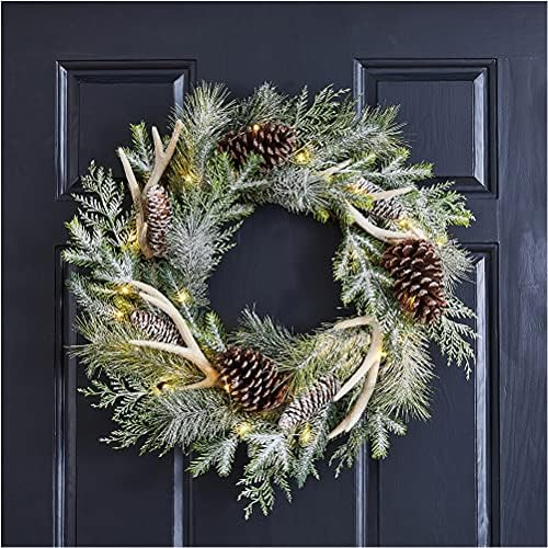 Glitzhome 24" D Flocked Pinecone & Antler Wreath with Lights - Artificial Wreath for Christmas Fe... | Amazon (US)