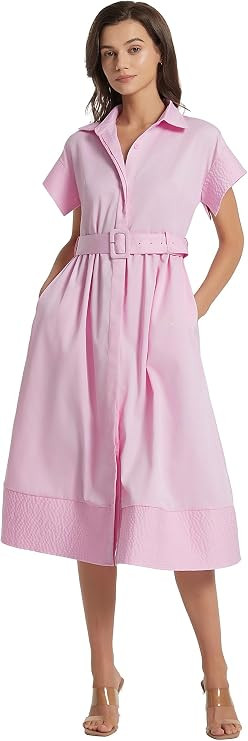 Ladyful Women Casual Button Down Shirt Dress Short Wing Sleeve Buiness Midi Shirt Dress with Belt... | Amazon (US)