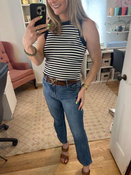 The perfect casual and cute summer outfit! Flare jeans and a striped tanks 

#LTKFindsUnder50