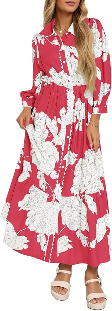 Wenrine Womens Maxi Shirt Dress Casual Floral Collared 3/4 Long Sleeve Drawstring Waist Fall Butt... | Amazon (US)