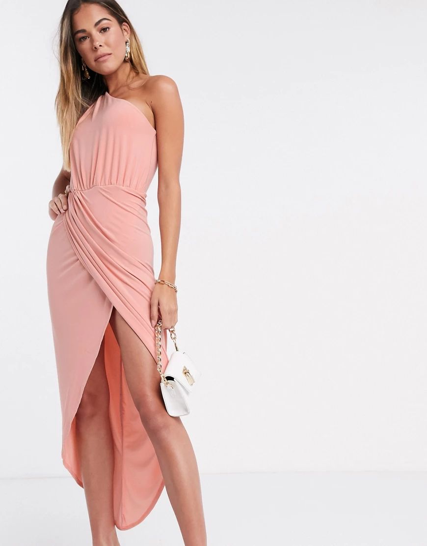 Club L one shoulder rusched midi wrap dress in blush pink | ASOS (Global)