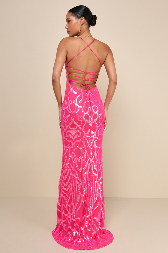 Perfect Enchantment Hot Pink Sequin Lace-Up Mermaid Maxi Dress | Lulus