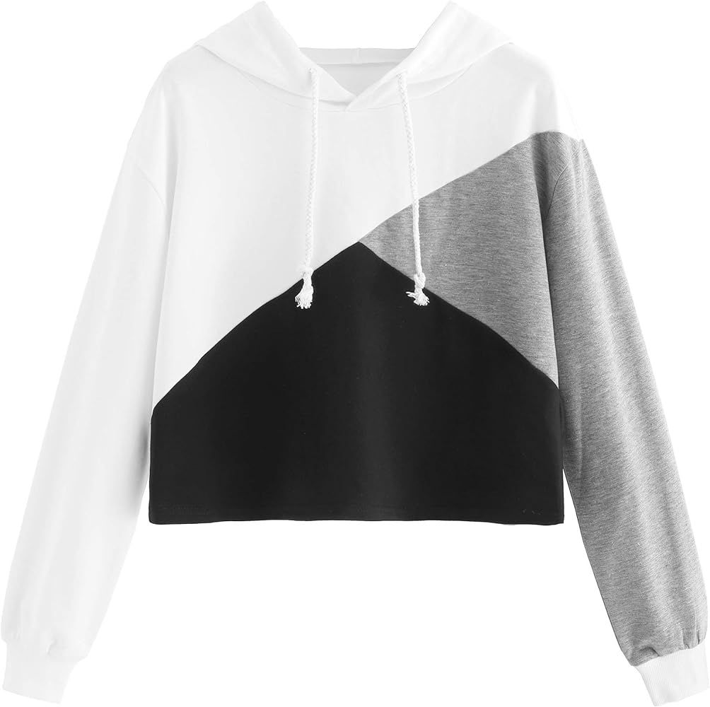 Women's Cute Color Block Pullover Crop Top Hoodie Sweatshirt | Amazon (US)