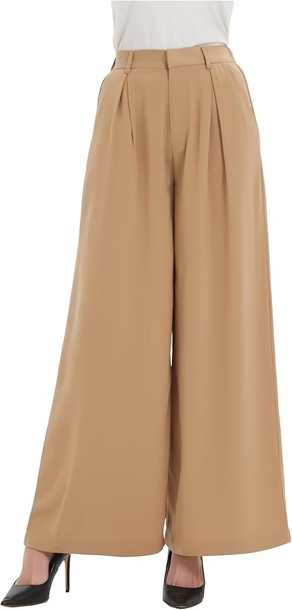 Tronjori Women High Waist Casual Wide Leg Long Palazzo Pants Trousers Regular Size | Amazon (US)